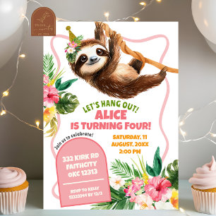 Tropical Girl rosa Sloth Birthday Inbjudningar
