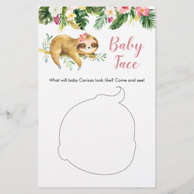 Tropical Girl Sloth Baby Shower Baby Ansikte Card (Framsida)