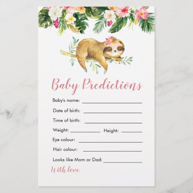 Tropical Girl Sloth Baby Shower Baby Predictions (Framsida)