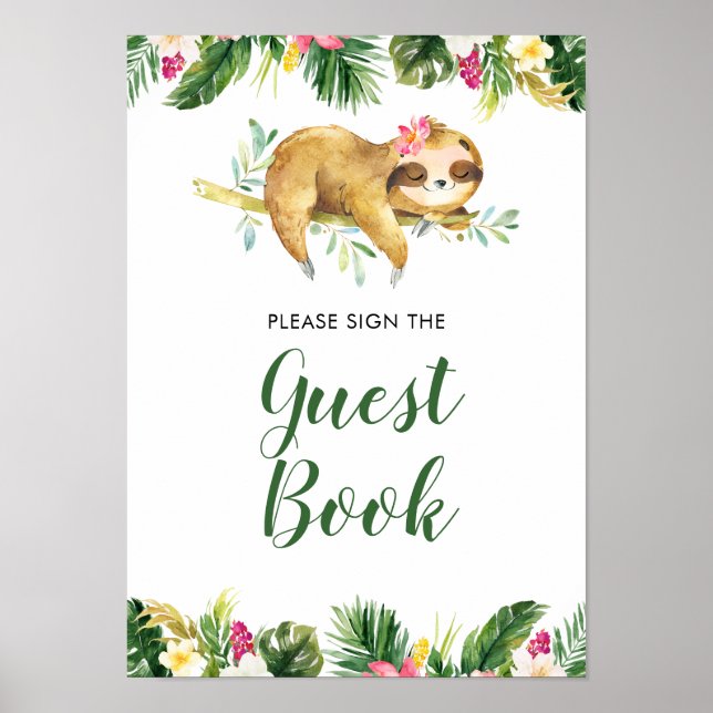 Tropical Girl Sloth Baby Shower Guest Bok Poster (Framsidan)