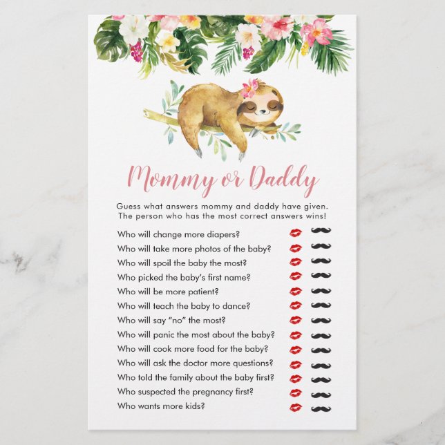 Tropical Girl Sloth Baby Shower Mamma eller pappa (Framsida)
