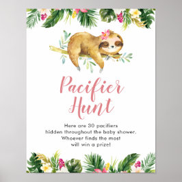 Tropical Girl Sloth Baby Shower Nappar Hunt Poster