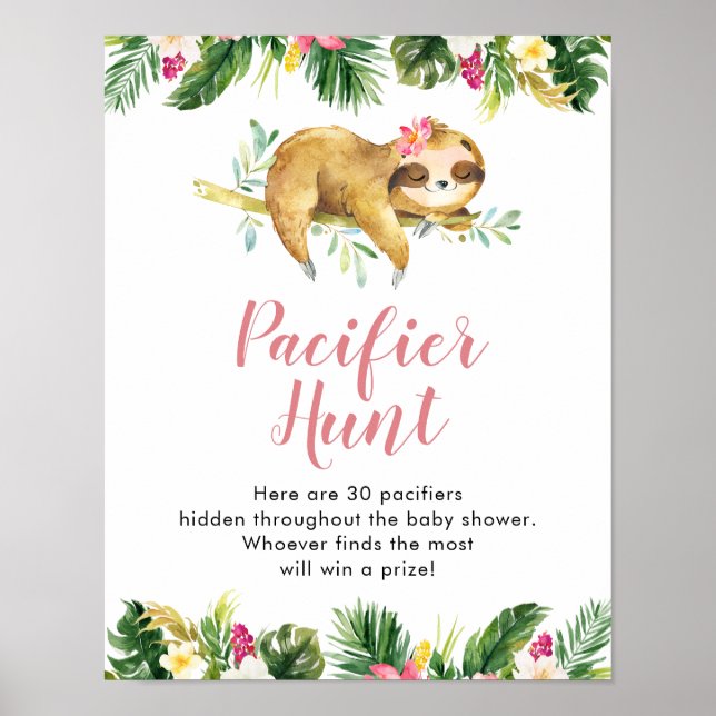 Tropical Girl Sloth Baby Shower Nappar Hunt Poster (Framsidan)