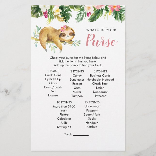 Tropical Girl Sloth Baby Shower Purwer Game (Framsida)