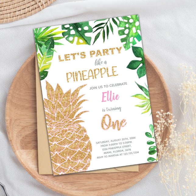 Tropical Glam Summer Party Card Inbjudningar (Golden Glitter Pineapple Invitations)