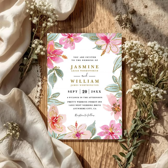 Tropical Glitter Flowers Elegant QR Code Wedding Inbjudningar (Skapare uppladdad)