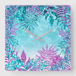 Tropical Glitter Fuchsia Glitter Blue Blommigt Ros Fyrkantig Klocka