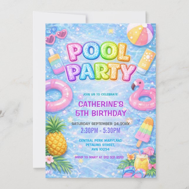 Tropical Glitter Kul Pool Party Födelsedag Inbjudningar (Framsida)