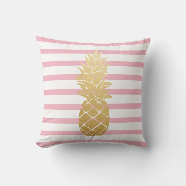 Tropical Gold Ananas | Rosa Ränder Mönster Kudde (Framsida)