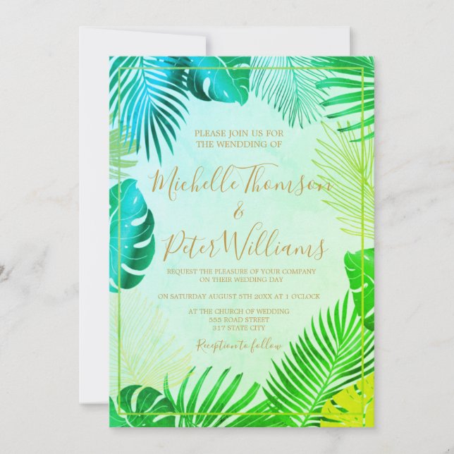 tropical gold watercolor wedding inbjudningar (Framsida)