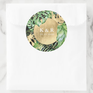 Tropical Golden Foliage Bröllop Monogram Runt Klistermärke