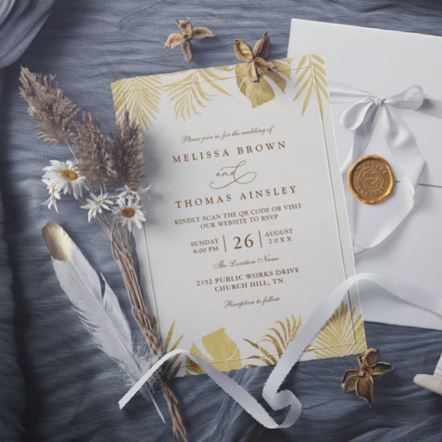 Tropical Golden Paradise Elegant QR Code Wedding Inbjudningar (Skapare uppladdad)