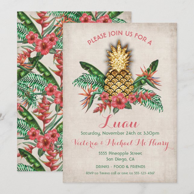 Tropical Golden Pineapple Luau Party Inbjudningar (Fram/baksida)