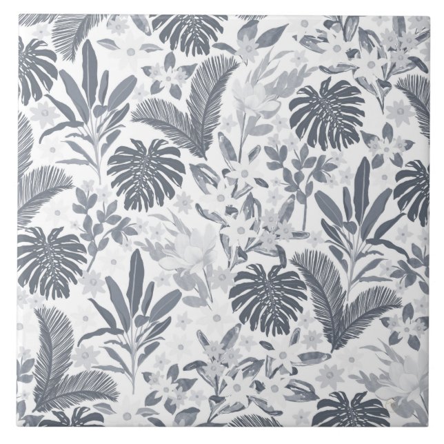 Tropical Grått Blommigt Greenery Kakelplatta (Framsidan)