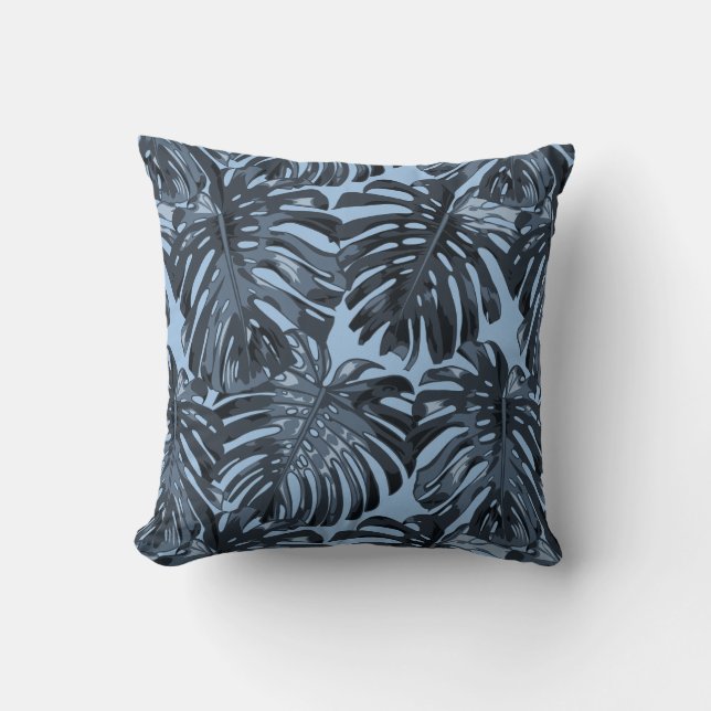 Tropical Grått Blue Handflatan Löv Kudde (Framsida)