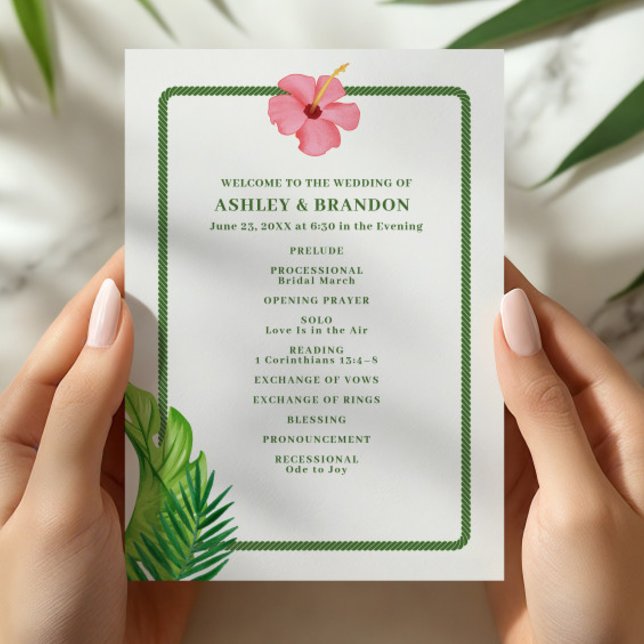 Tropical Green and Pink Flower Coastal Wedding Program (Skapare uppladdad)
