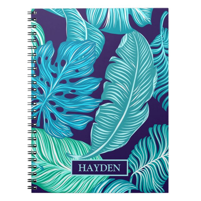 Tropical Green Blue Leaves Pattern Personalised Anteckningsbok (Framsidan)