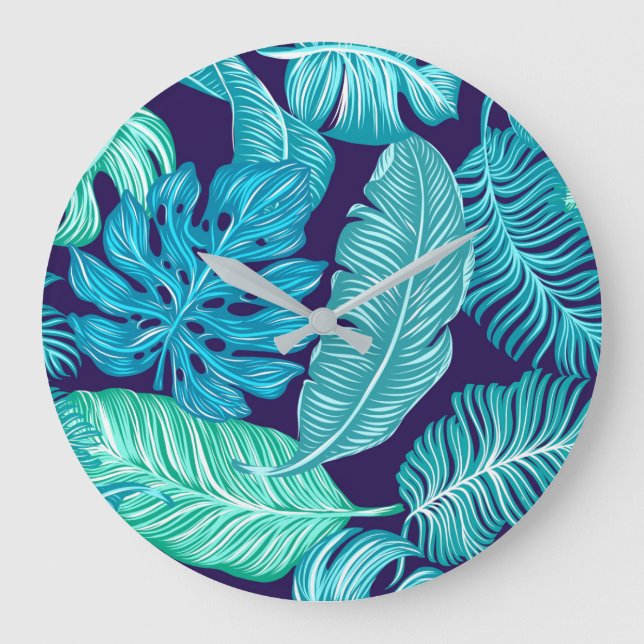 Tropical Green Blue Leaves Pattern Stor Klocka (Framsida)