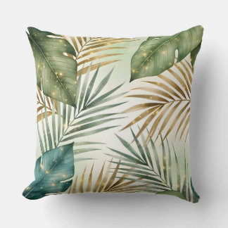 Tropical Green & Gold Leaves Decorative Pillow  Kudde