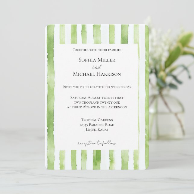 Tropical Green White Stripes Wedding Inbjudningar (Stående Fram)