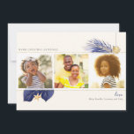 Tropical Greenery 3-Photo, Beach Blue & Guld Julkort<br><div class="desc">Nautical Boutique Co.:s tropiska helgdag för marinblått och guld har vattenfärgen lila/blått och guld tropiska grey och accentueras med en söt vattenfärgssäsongsskala och motsvarande elfenbensfärgsstjärnor. Julhälsningar, din familj namn och året (baksidan) är modern blocktypografi. Eleganten blå, guld och elfenben påminner om tropiska helgdagar vid stranden. Det är enkelt att ladda...</div>