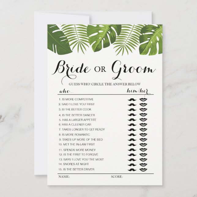 Tropical Greenery Brud eller Brudgum spel redigerb Inbjudningar (Framsida)