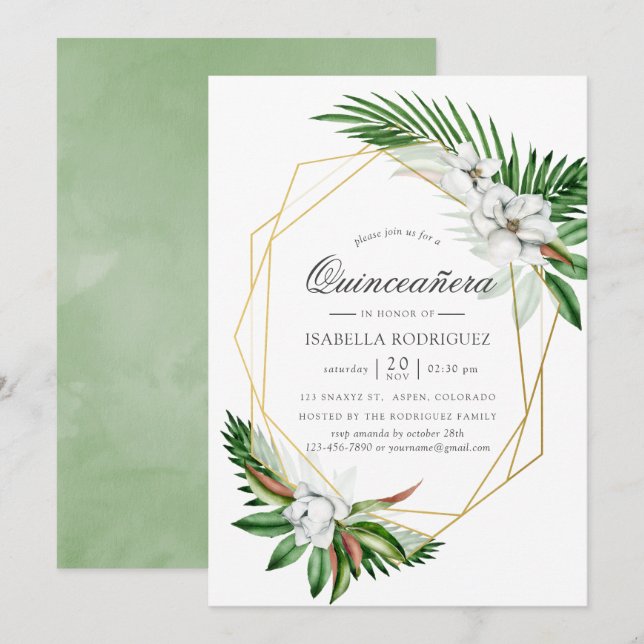 Tropical Greenery Geometric Quinceañera Inbjudningar (Fram/baksida)