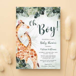 Tropical Greenery Giraffe Oh Boy Baby Shower Inbjudningar