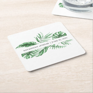 Tropical Greenery Handflatan Bröllop Monogram Underlägg Papper Kvadrat