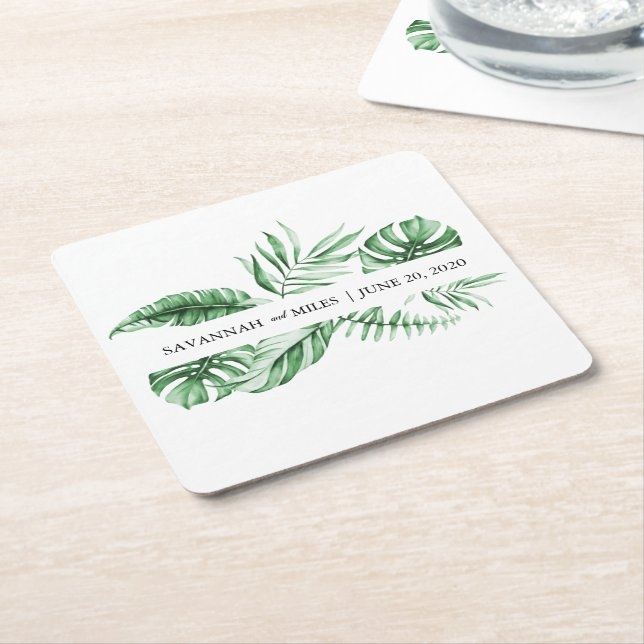 Tropical Greenery Handflatan Bröllop Monogram Underlägg Papper Kvadrat (Vinklad)