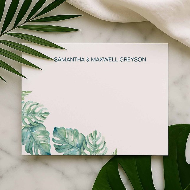 Tropical Greenery Personlig Stationery Anteckningskort (Personalized notecards designed with hand painted monstera palm leaves. )