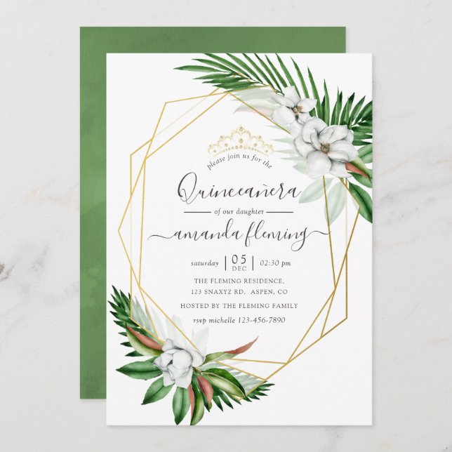 Tropical Greenery Watercolor Geometric Quinceañera Inbjudningar (Fram/baksida)