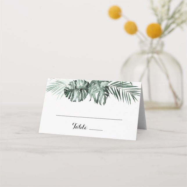 Tropical Greenery White Blommigt Bröllop Placeringskort (Framsida)