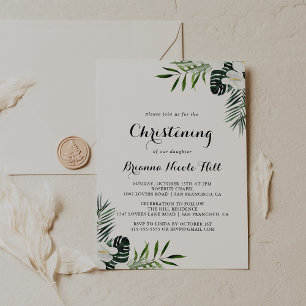 Tropical Greenery White Blommigt Christening Inbjudningar