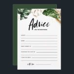Tropical Grey Advice for Newlyweds Bröllop Rådkort<br><div class="desc">Skriva dina råd och god önskemål för de nygifta med det här anpassadet bröllop-rådgivningskortet. Den har en vattenfärgad illustration av tropiska löv, svarta och guld penselpenseldrag och modern kalligrafi. Anpassa genom att lägga till tillbaka text. Detta jaktkort för tropiska bröllop är perfekt för tropiska duschar och sommarduschar i par, bröllop,...</div>