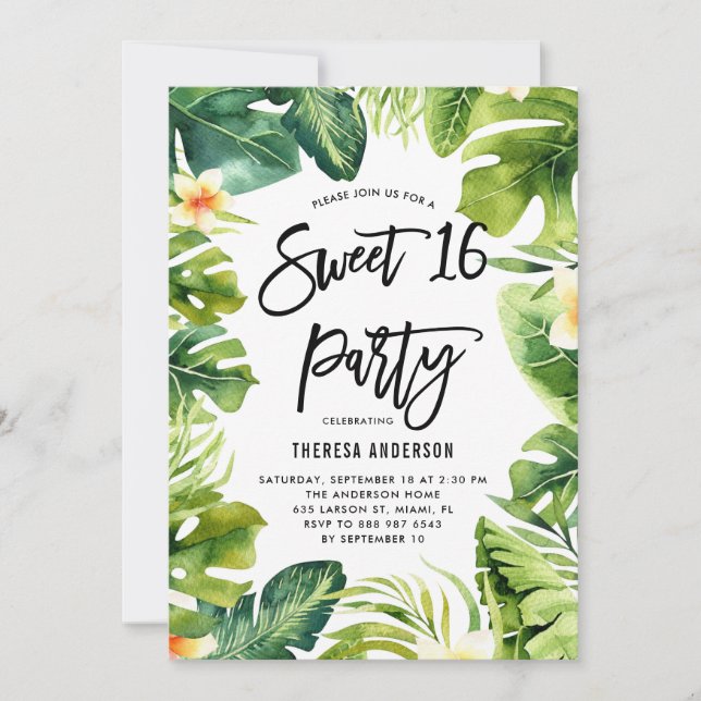 Tropical Grey and Plumeria Sweet 16 Party Inbjudningar (Framsida)