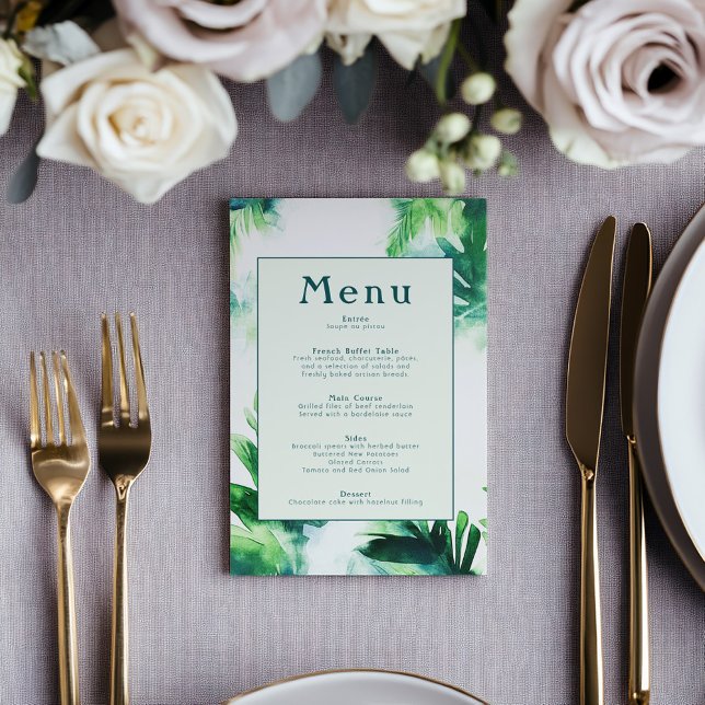 Tropical Grey Botanical firande leafy Meny (Tropical Greenery Botanical leafy Menu. Featuring a soft green box framed by a lush leafy frame.)