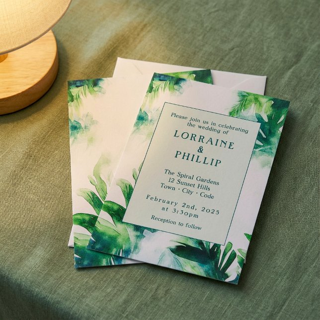 Tropical Grey Elegant Botanical leafy grönt Inbjudningar (Tropical Greenery Elegant Botanical leafy green Invitation)