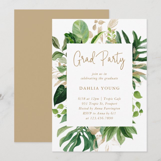 Tropical Grey Guld Geometric Studentfest Inbjudningar (Fram/baksida)