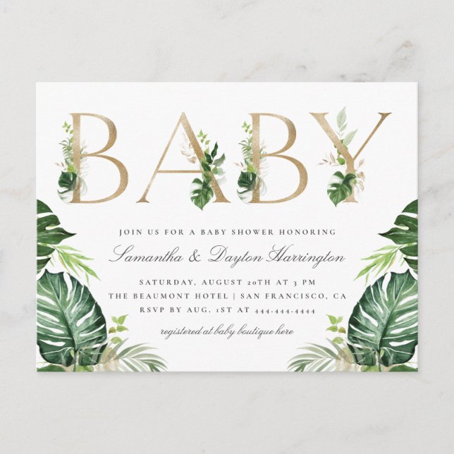 Tropical Grey Guld Typography Baby Shower Inbjudan Vykort (Framsida)