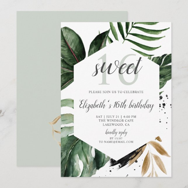 Tropical Grey Handflatan Lövs Sweet 16 Inbjudningar (Fram/baksida)