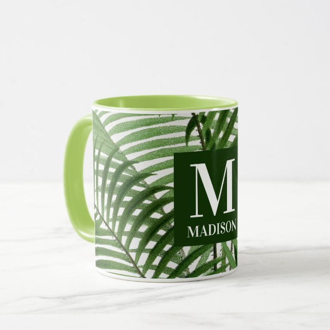 Tropical Grey Handflatan Träd Monogrammed Mugg (Framsida vänster)