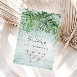 Tropical Grey Lämnar Watercolor Beach Wedding Inbjudningar