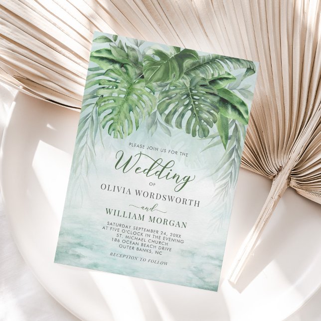 Tropical Grey Lämnar Watercolor Beach Wedding Inbjudningar (Skapare uppladdad)