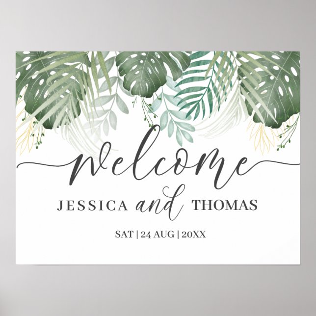 Tropical Grey Monstera Calligraphy Bröllop F Poster (Framsidan)