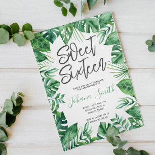 Tropical Grey Monstera Sweet sixteen Birthday Inbjudningar