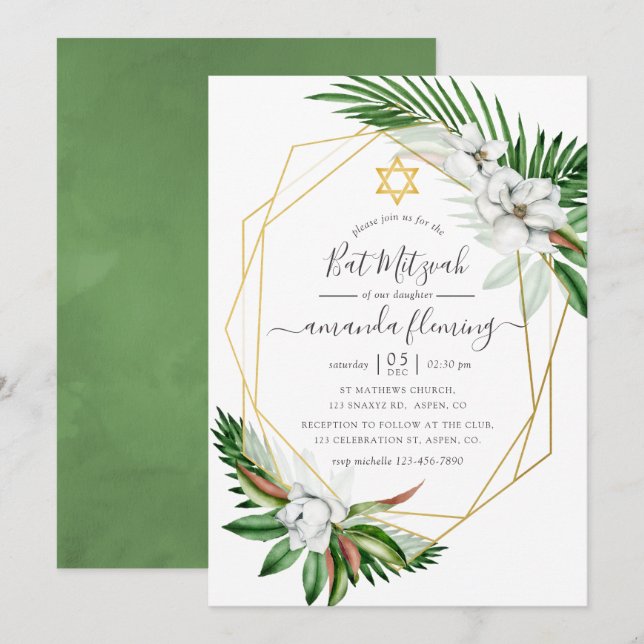 Tropical Grey Watercolor Geometric Bat mitzvah Inbjudningar (Fram/baksida)