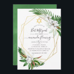 Tropical Grey Watercolor Geometric Bat mitzvah Inbjudningar<br><div class="desc">Tropiska löv och vita magnolier bat mitzvah inbjudan med guld-geometrisk ram och elegant handskriftstypografi.</div>