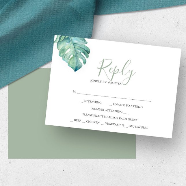 Tropical Grey Watercolor Reply OSA kort (Wedding rsvp cards tropical monstera palm leaf watercolor art Victoria Grigaliunas Do Tell A Belle)