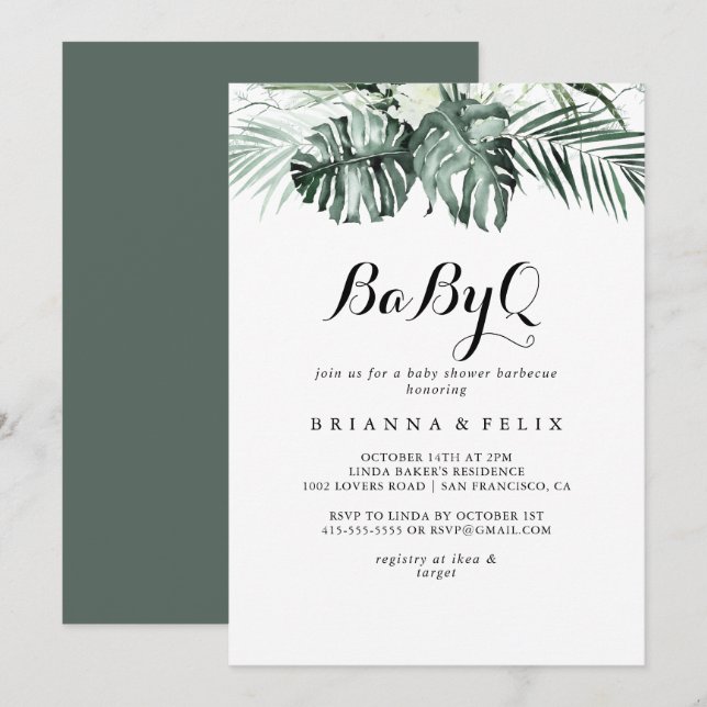 Tropical Grey White BabyQ Baby Shower Barbecue Inbjudningar (Fram/baksida)